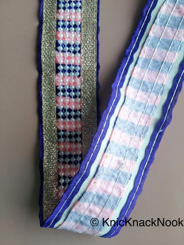 Velvet Fabric Trim, Pink And Silver Trim With FlatBack Beads Lattice, Approx. 50mm wide